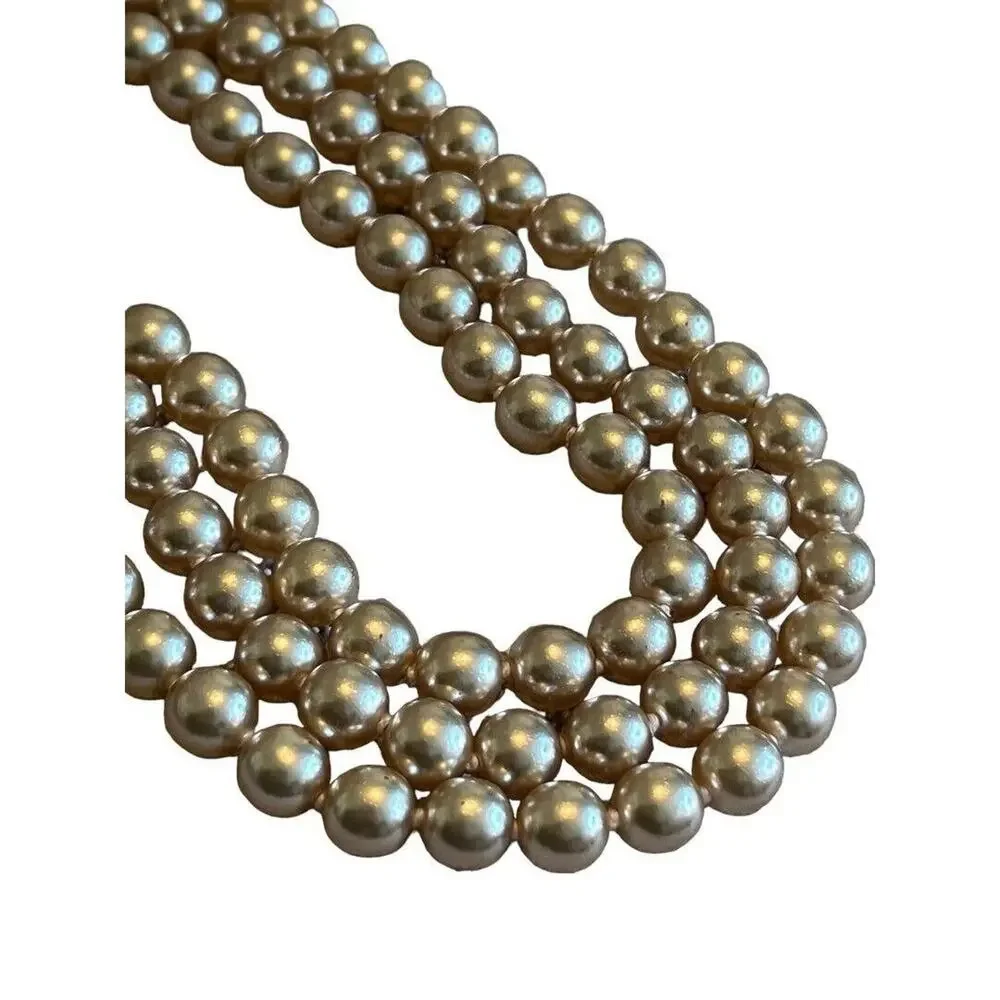 Vintage 3 Strand Faux Pearl Gold Tone Necklace Knotted 16